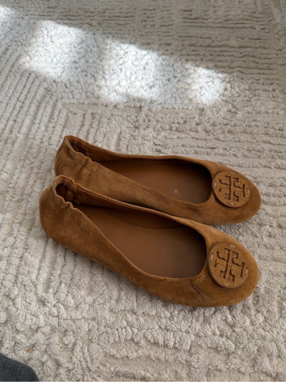 Tory Burch Suede Tan Brown Logo Ballet Flats